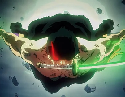 Roronoa Zoro in an intense battle moment, Conqueror's Haki radiating from his blades