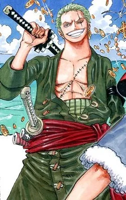 Roronoa Zoro standing battle-ready with his three swords drawn